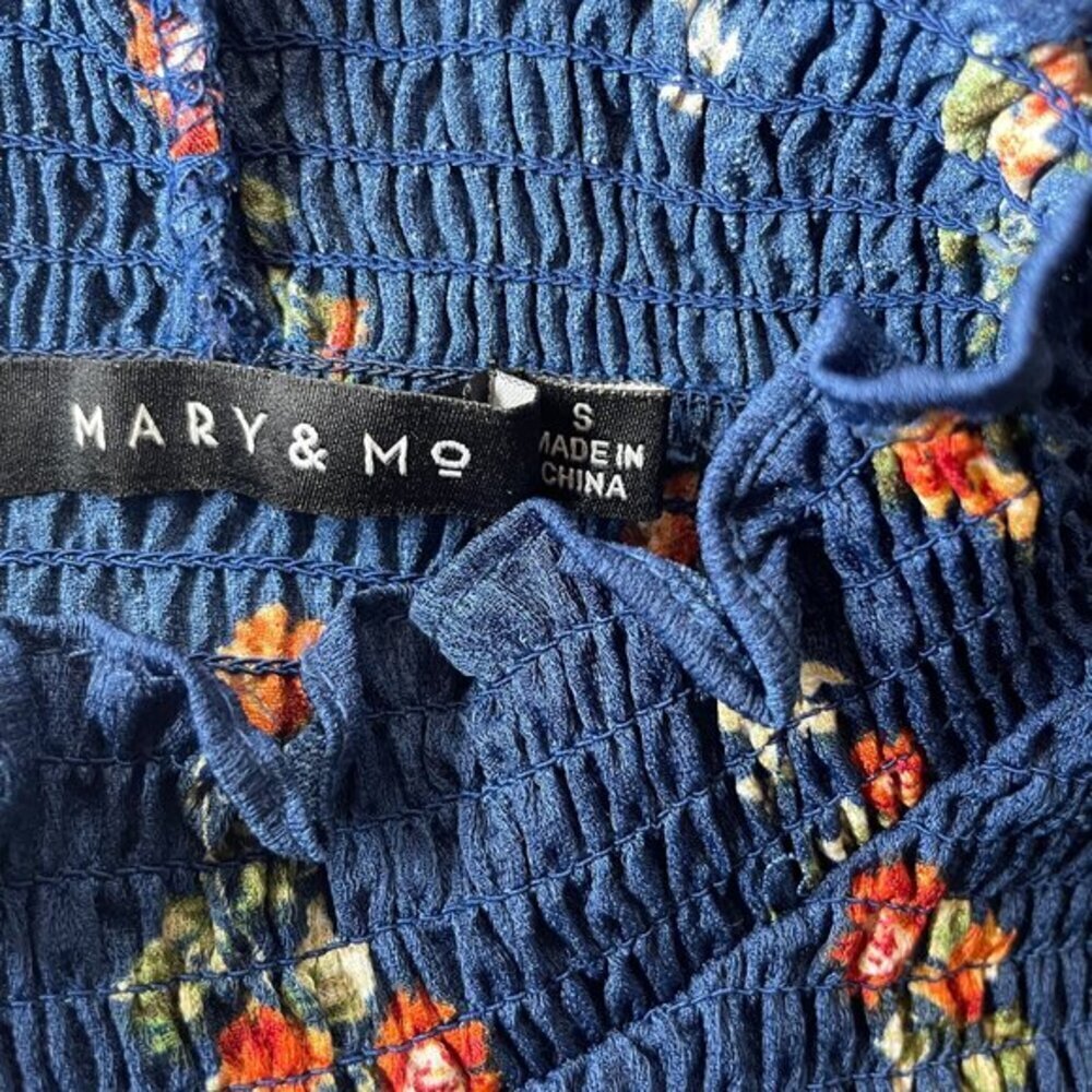 Mary & Mo Dark Coquette Smocked Floral Blouse - Navy Mock Neck Peplum Sz S - Picture 6 of 7